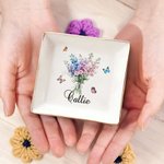 Personalised 1-8 Birth Flowers Bouquet Ceramic Trinket Jewellery Dish with Name Birthday Bridesmaid Party Gift for Women