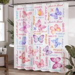 Rideau de douche personnalisé Multicolore Papillon Nom Nuage avec 12 œillets antirouille Décoration de salle de bain Anniversaire Cadeau de pendaison 