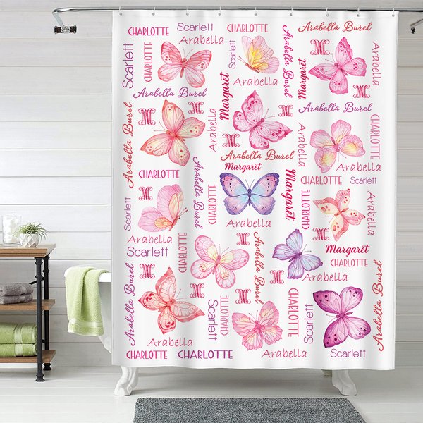 Personalised Multicolour Butterfly Name Cloud Shower Curtain with 12 Rust-Proof Grommets Bathroom Decor Birthday Housewarming Gift for Women Girls