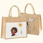 Personalised Cartoon Fashion Girl Birth Flower Tote Bag with Front Pocket Wedding Birthday Gift for Women Girls