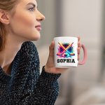 Personalised Neon Dynamic Hockey Design 11oz Ceramic Mug with Name and Number Birthday Sports Gift for Hockey Players Lovers