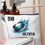 Personalized Neon Dynamic Hockey Design Linen Wristlet Makeup Bag with Name Birthday Sports Gift for Hockey Players Lovers