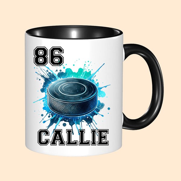 Spersonalizowany kubek ceramiczny Neon Dynamic Hockey Design 11oz z imieniem i numerem Urodzinowy prezent sportowy dla miłośników hokeja