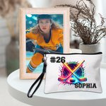 Personalized Neon Dynamic Hockey Design Linen Wristlet Makeup Bag with Name Birthday Sports Gift for Hockey Players Lovers