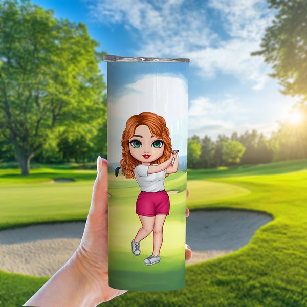 Personalized Cartoon Golf Player Character 20oz Skinny Tumbler with Name and Straw Birthday Sport Accessories Gift for Golf Enthusiast