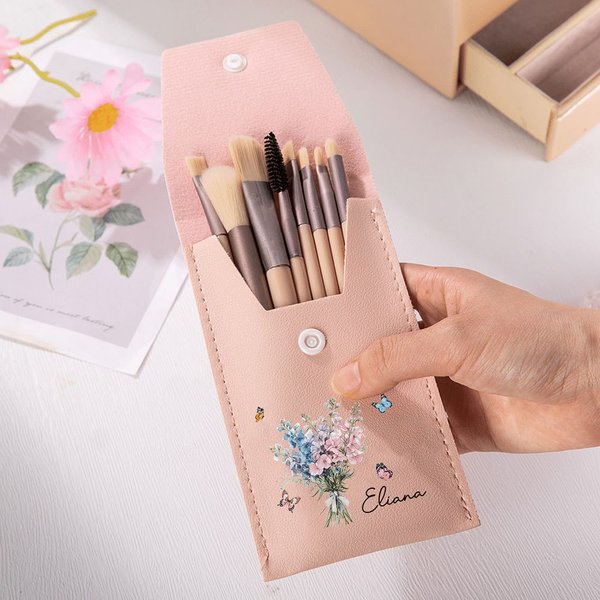 Personlig Födelseblomma Familjebukett PU Läder Makeup Borstväska med 8 Pcs Borstar Födelsedag Bröllopsgåva för Kvinnor Brudtärna