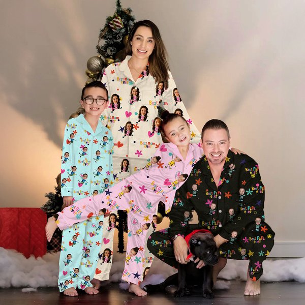 Chemise à manches longues avec col cubain et boutons, pantalon à cordon, pyjama assorti, cadeau de vacances amusant pour la famille et les enfants.
