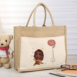 Personalised Cartoon Fashion Girl Birth Flower Tote Bag with Front Pocket Wedding Birthday Gift for Women Girls