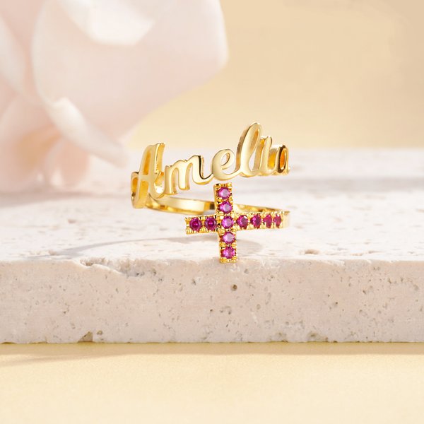 Personalizado Dainty Faith Birthstone Cross Anillo ajustable con nombre Christian Joyería Bautizo Cumpleaños Regalo de Navidad para las mujeres