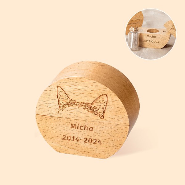 Personalised Engraved Dog Cat Ears Portrait Wooden Round Memorial Box with Pet Ashes Fur Teeth Keepsake Jar Sympathy Loss Gift for Pet Lovers