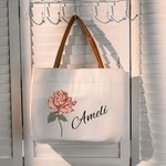 Personalizzata Eco-Friendly Fashion Birth Flower Canvas Tote Bag con nome Maniglia in pelle Festa di nozze Regalo di compleanno per le donne