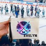 Personalized Neon Dynamic Hockey Design Linen Wristlet Makeup Bag with Name Birthday Sports Gift for Hockey Players Lovers