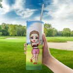 Personalized Cartoon Golf Player Character 20oz Skinny Tumbler with Name and Straw Birthday Sport Accessories Gift for Golf Enthusiast