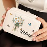 Boîte à Bijoux en Cuir Personnalisée avec Nom Bouquet de Fleurs de Naissance Boîte de 2 Couches à Bouton-Pression Cadeau Anniversaire Noël pour Femme