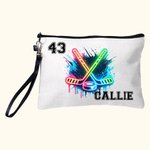 Personalized Neon Dynamic Hockey Design Linen Wristlet Makeup Bag with Name Birthday Sports Gift for Hockey Players Lovers