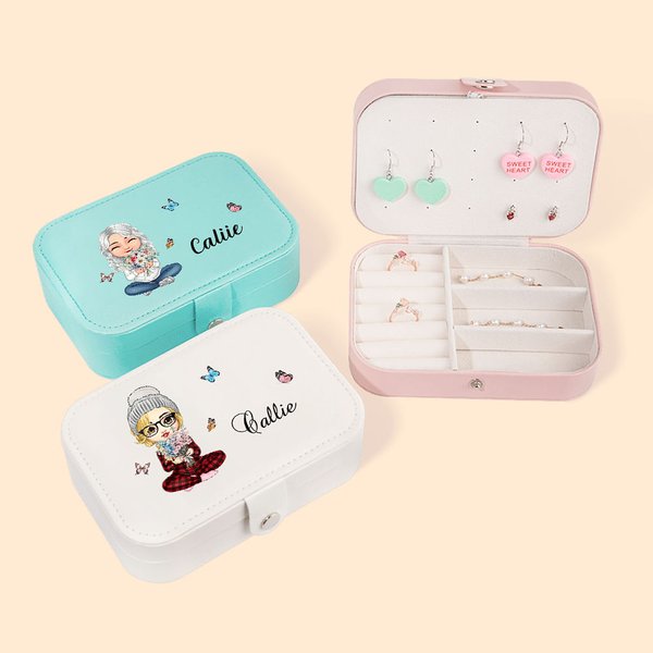Personalised Cartoon Birth Flower Bouquet 2 Layer Portable Leather Travel Snap Jewellery Box with Name Birthday Christmas Family Gift for Women