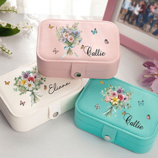 Henkilökohtainen syntymä Kukkakimppu 2-kerroksinen kannettava nahkainen korulaatikko, jossa on nimi ja Snap Bridal Shower Syntymäpäivä Perhelahja naisille