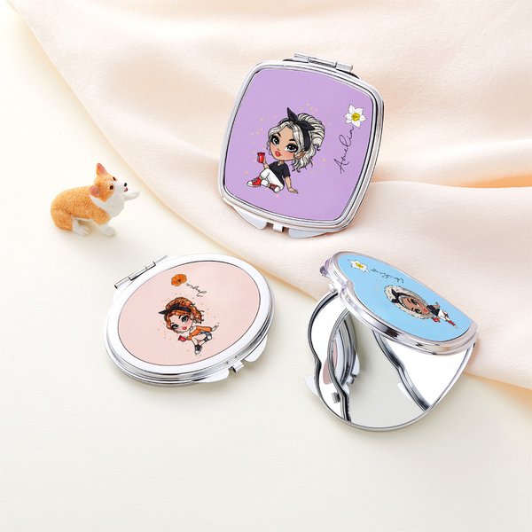 Personalised Cartoon Girl Birth Flower Compact Heart Oval Square Mirror with Name Portable Birthday Wedding Party Gift for Women