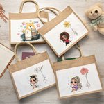 Personalised Cartoon Fashion Girl Birth Flower Tote Bag with Front Pocket Wedding Birthday Gift for Women Girls