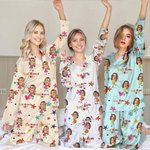 Personalisiertes Cartoon Gesicht-Foto Schlafanzug Set Langarm Schlafshirt mit Kubakragen Schlafhose mit Kordelzug Urlaub Geschenk für Familie Kinder