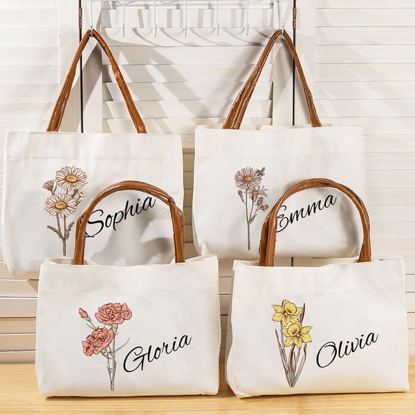 Personalized Eco-Friendly Fashion Birth Flower Canvas Tote Bag with Name Leather Handle Wedding Party Birthday Gift for Women