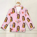 Personalisiertes Cartoon Gesicht-Foto Schlafanzug Set Langarm Schlafshirt mit Kubakragen Schlafhose mit Kordelzug Urlaub Geschenk für Familie Kinder