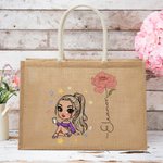 Personalised Cartoon Fashion Girl Birth Flower Tote Bag with Front Pocket Wedding Birthday Gift for Women Girls