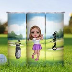 Personalized Cartoon Golf Player Character 20oz Skinny Tumbler with Name and Straw Birthday Sport Accessories Gift for Golf Enthusiast