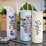 Spersonalizowana Biblia Cartoon Character Name 20oz Straight Skinny Tumble with Staw and Brush Urodzinowy prezent świąteczny dla chrześcijanina
