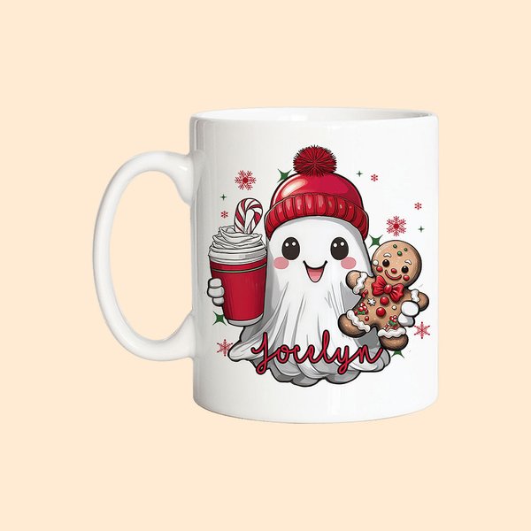 Gepersonaliseerde Leuke Beanie Ghost Gingerbread Candy Cane 11oz 15oz keramiek mok met naam verjaardag kerstcadeau voor familie vriend