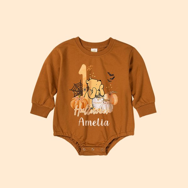 Personalized Pumpkin Classic Winnie the Pooh Long-sleeved Bodysuit with Name 1st Halloween Baby Shower Gift for Baby Newborn