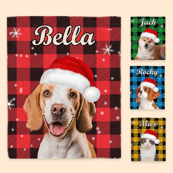 Personalizado Perro Gato Santa Foto Sombrero Colorido Plaid Copo de nieve Suave manta con nombre Decoración para el hogar Cumpleaños Regalo de Navidad