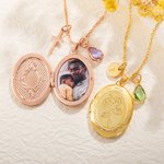 Personligt graverat födelsedatum Blomma Födelsesten Foto Medaljong Halsband med kors eller initialer Charm Smycken Födelsedag Christian Present för kvinnor