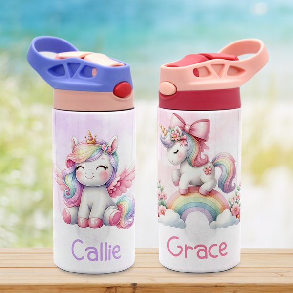 Personalised Colourful Fantasy Unicorn 12oz Insulated Name Water Bottle with Silicone Straw and Handle Birthday Christmas Gift for Girls