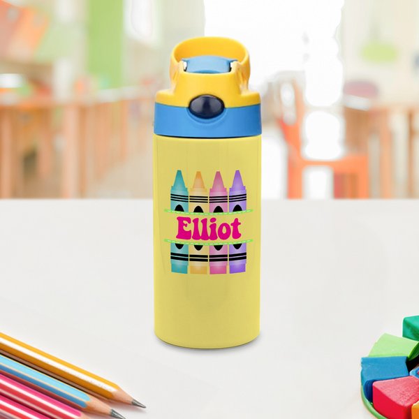 Spersonalizowana wielokolorowa butelka na wodę dla dzieci Crayon 12oz z silikonową słomką Powrót do szkoły Akcesoria outdoorowe Prezent dla dzieci