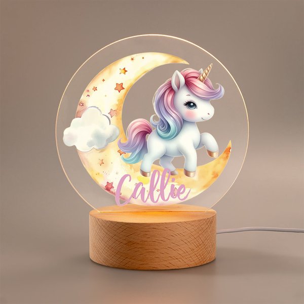Gepersonaliseerd Fantasie Eenhoorn Dromerige Maan LED Nachtlampje met Houten Voet Naam Babykamer Decoratie Verjaardag Babyshower Cadeau voor Meisjes