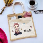 Sac en Jute Personnalisé avec Nom et Personnage de Femme Fourre-tout à Pochette en Toile Motif Papillon Cadeau d'Anniversaire pour les Femmes