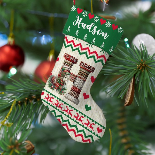 Personalised Cute Christmas Knitted Sweater Animal Hanging Christmas Stocking with Initial Home Decor Gift for Kids Family