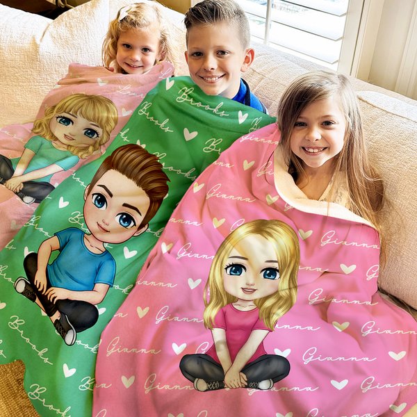 Personalizzato Cartoon Character Love Heart Throw Blanket con nomi ripetuti Home Decor Compleanno regalo di vacanza per la famiglia bambini