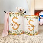 Personalized Floral Large Waterproof Oxford Cloth Toy Storage Laundry Basket  with handle with Name and Initial Housewarming Birthday Gift for Kids