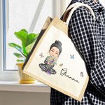 Sac en Jute Personnalisé avec Nom et Personnage de Femme Fourre-tout à Pochette en Toile Motif Papillon Cadeau d'Anniversaire pour les Femmes
