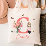 Sac en Toile Personnalisée avec Personnage Fleur de Naissance Initiale Nom Grande Capacité Cadeau Noël Anniversaire pour Femme Fille