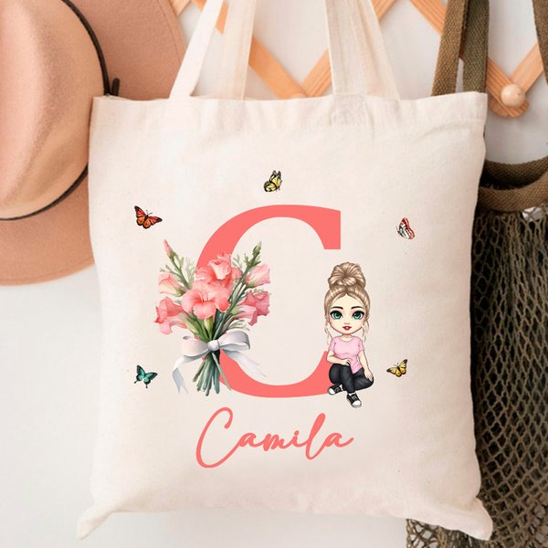 Sac en Toile Personnalisée avec Personnage Fleur de Naissance Initiale Nom Grande Capacité Cadeau Noël Anniversaire pour Femme Fille