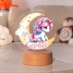 Gepersonaliseerd Fantasie Eenhoorn Dromerige Maan LED Nachtlampje met Houten Voet Naam Babykamer Decoratie Verjaardag Babyshower Cadeau voor Meisjes