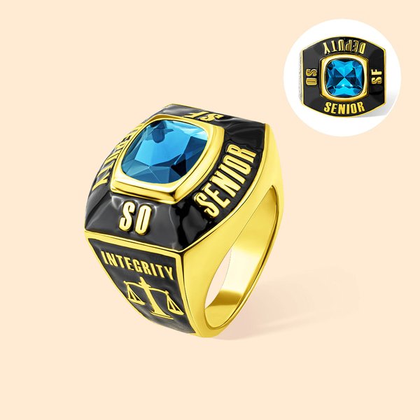 Anello personalizzato con pietra preziosa e testo inciso per le forze dell'ordine, regalo di laurea e apprezzamento per il poliziotto