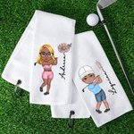 Personalized Birth Flower Cartoon Character Absorbent Waffle Golf Towel with Name And Hanging Clip Sports Accessories Gift for Golf Player