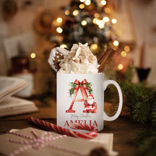 Gepersonaliseerde Kerstman Initiaal Vrolijk Kerstfeest 11oz Keramische Mok met Naam Kerstcadeau voor Kinderen Familie