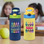 Spersonalizowana wielokolorowa butelka na wodę dla dzieci Crayon 12oz z silikonową słomką Powrót do szkoły Akcesoria outdoorowe Prezent dla dzieci