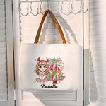 Personalised Glitter Dalmatian Coquette Bow Colourful Christmas Tree Cartoon Leather Handle Canvas Tote Bag with Name Christmas Gift for Women Girls