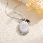 Personligt graverat födelsedatum Blomma Födelsesten Foto Medaljong Halsband med kors eller initialer Charm Smycken Födelsedag Christian Present för kvinnor